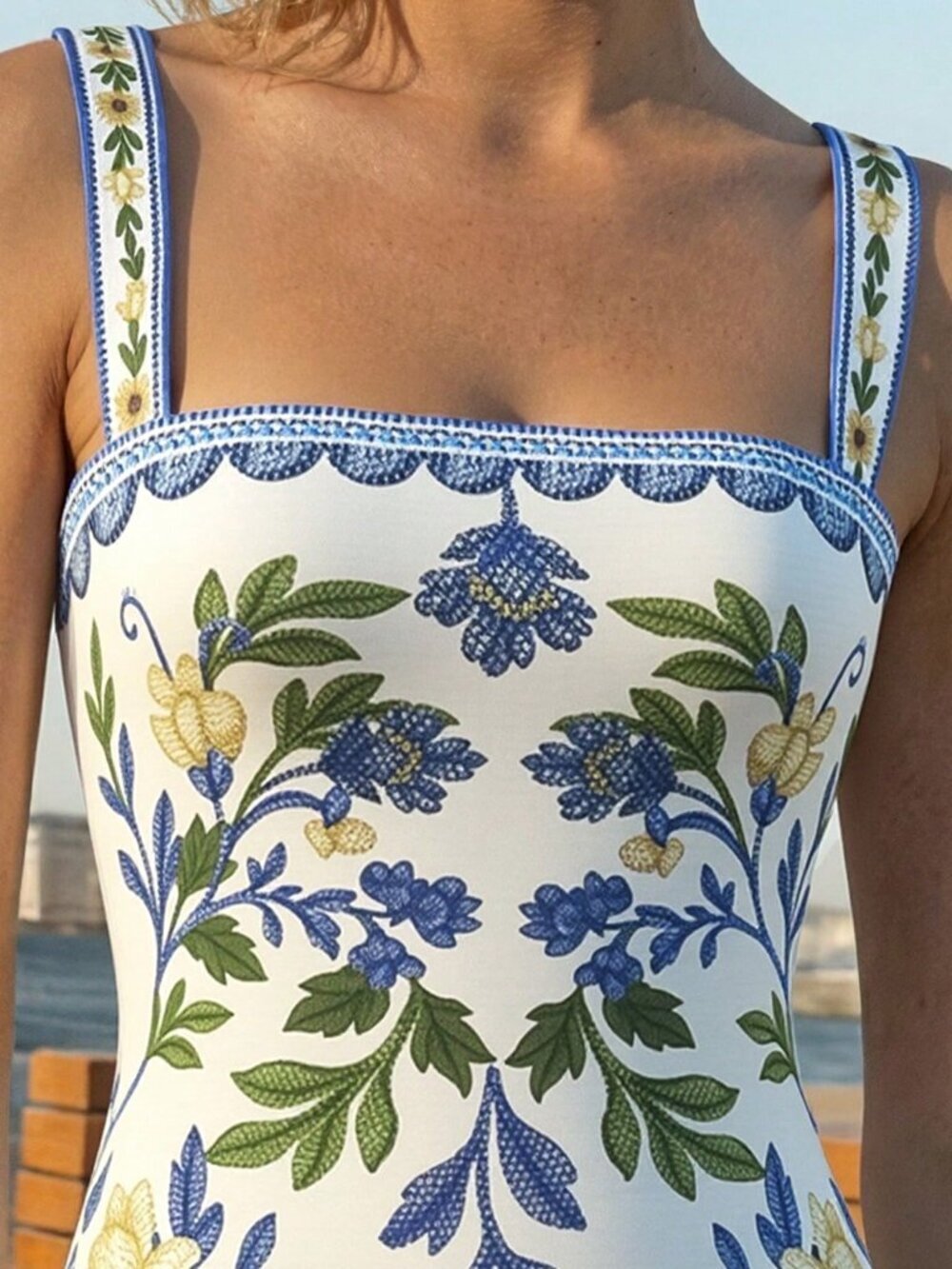 Blue Boho Women's Floral Print Elegant Fitted Spaghetti Strap Vacation Dress - Picture 5 of 5